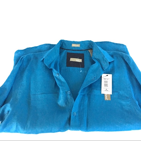 BRUNO 100% Linen Mens Short Sleeve Blue Shirt S - Picture 4 of 8